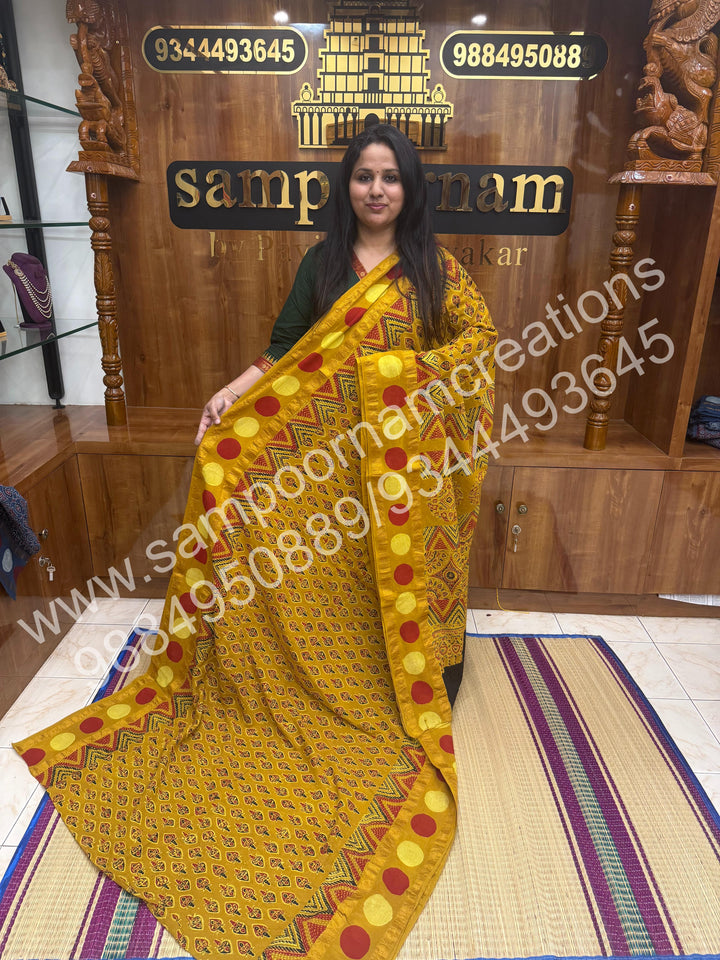 Mustard , Ajrakh Handblock Printed with Rudraksh Border , Sungudi Cotton Saree