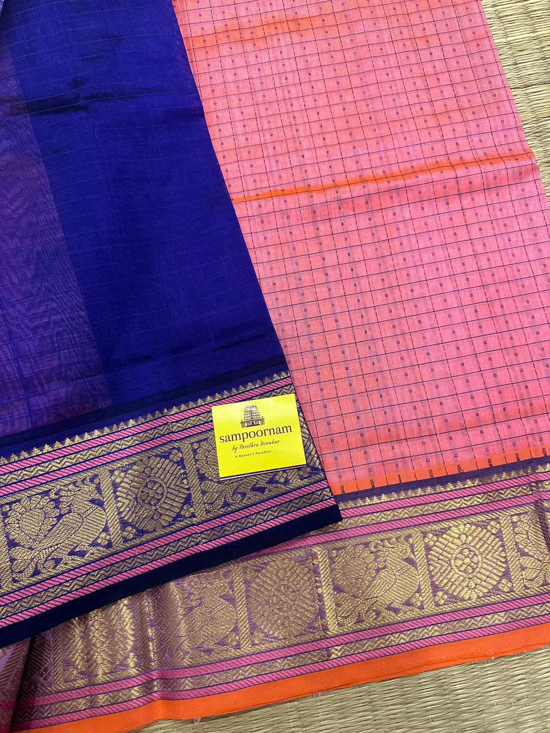 Baby Pink with Dark Blue Lakshadeepam Silk Cotton Saree