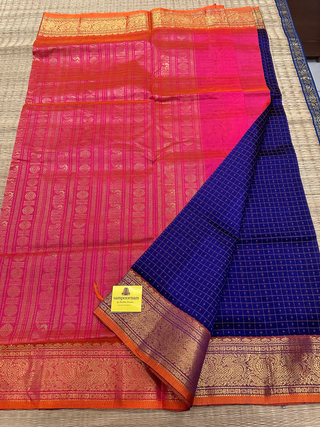 Blue with Orangish Pink Lakshadeepam Silk Cotton Saree