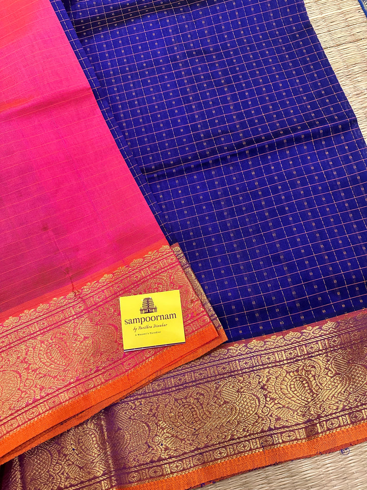 Blue with Orangish Pink Lakshadeepam Silk Cotton Saree