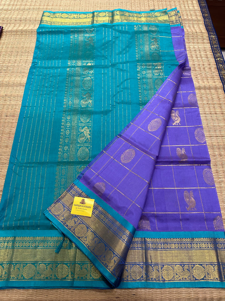 Lavender with Turquoise Blue Mayil Chakram Silk Cotton Saree