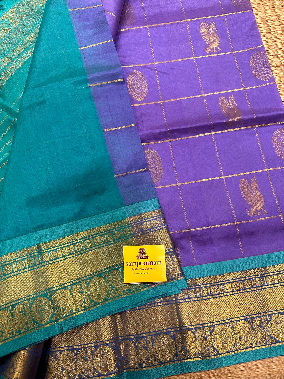 Lavender with Turquoise Blue Mayil Chakram Silk Cotton Saree