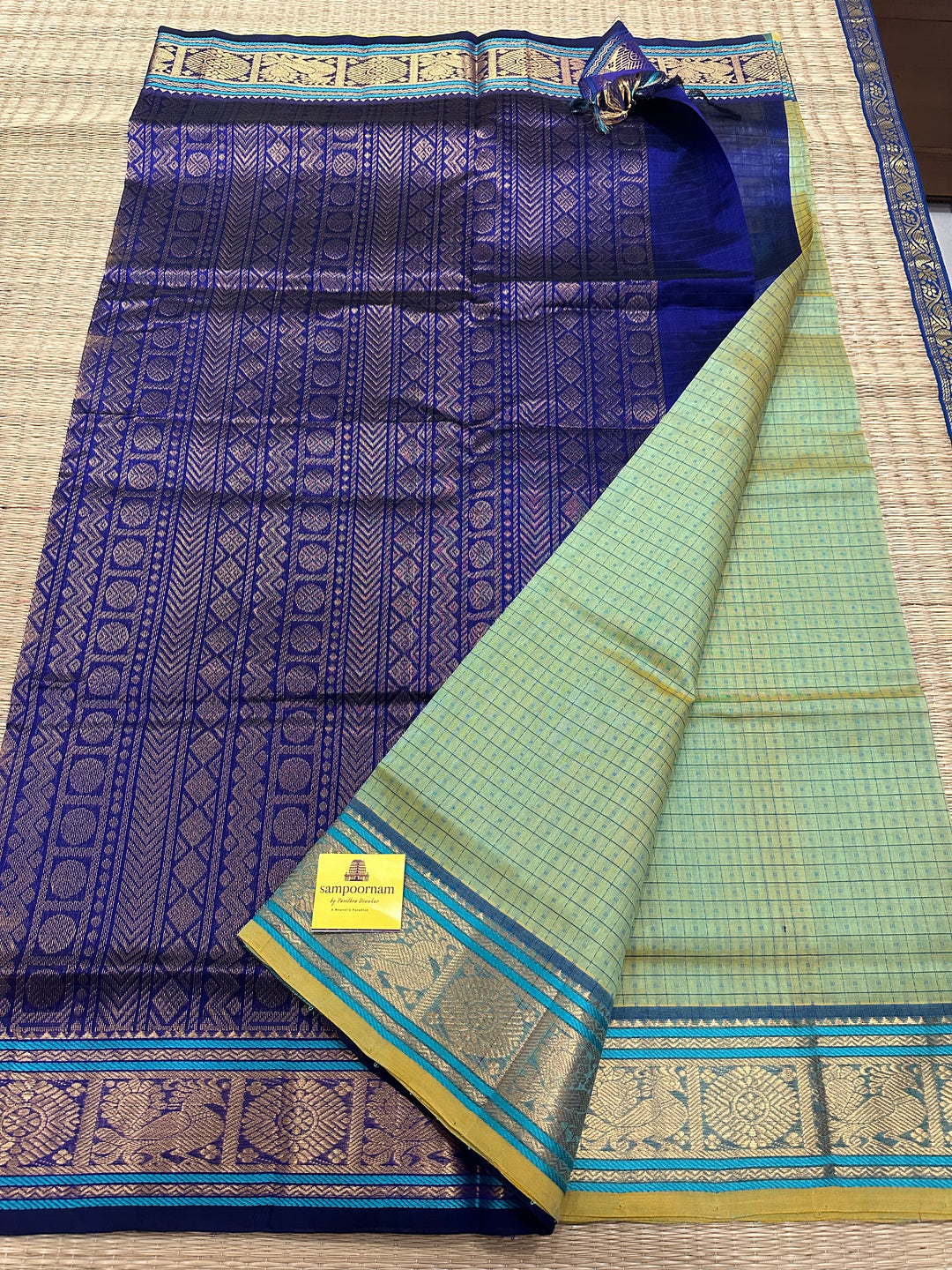 Elaichi Green with Blue Lakshadeepam Silk Cotton Saree