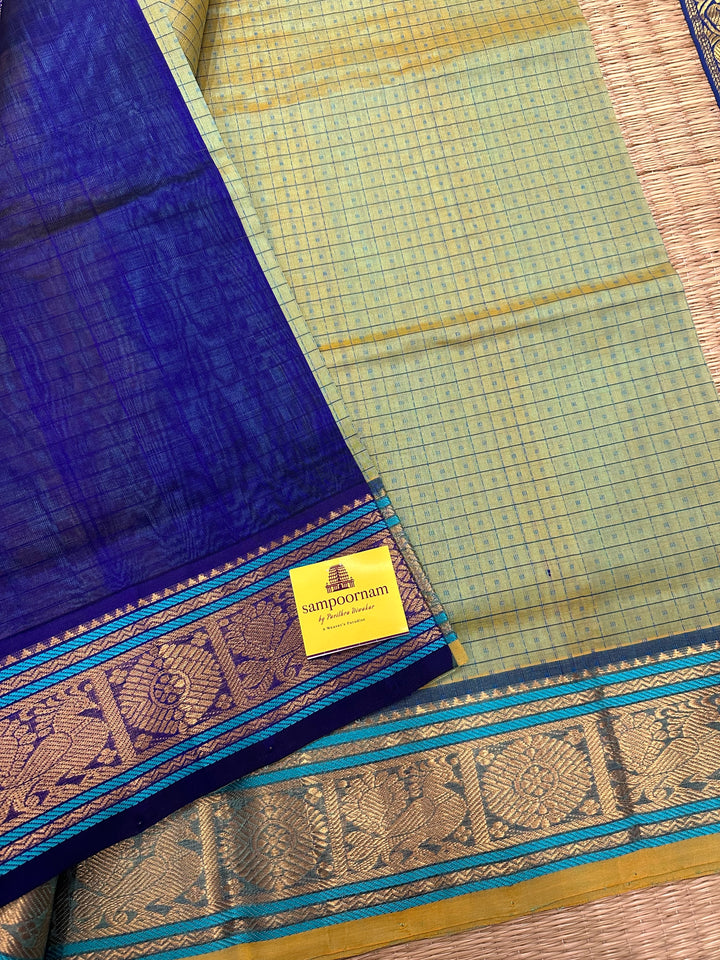 Elaichi Green with Blue Lakshadeepam Silk Cotton Saree