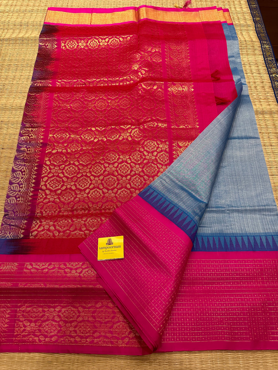 Steel Blue with Pink One Side Big lakshadeepam Border and Rich Pallu Korvai Silk Cotton Saree