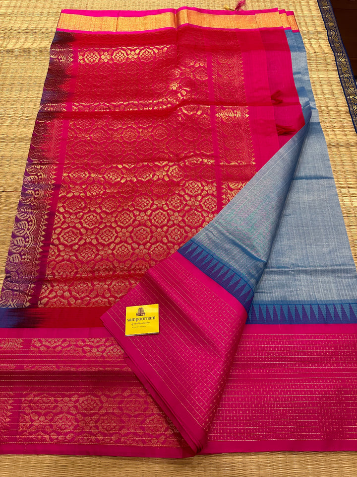 Steel Grey with Pink , One Side Big Lakshadeepam Border , Rich Pallu Korvai Silk Cotton Saree