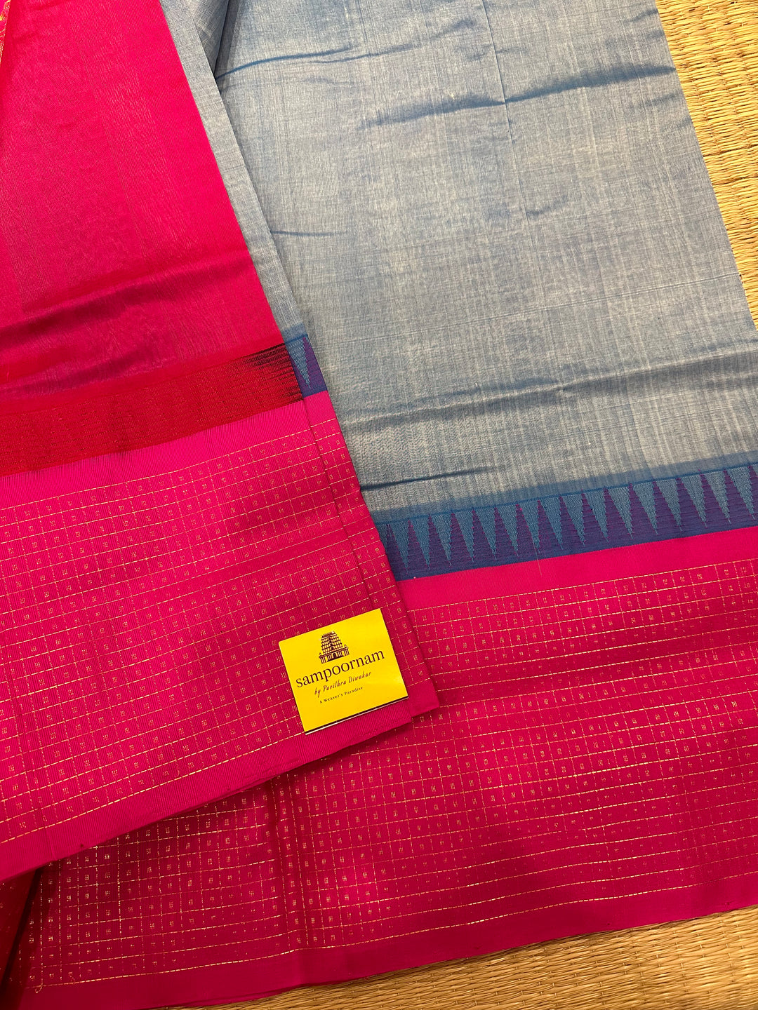 Steel Blue with Pink One Side Big lakshadeepam Border and Rich Pallu Korvai Silk Cotton Saree