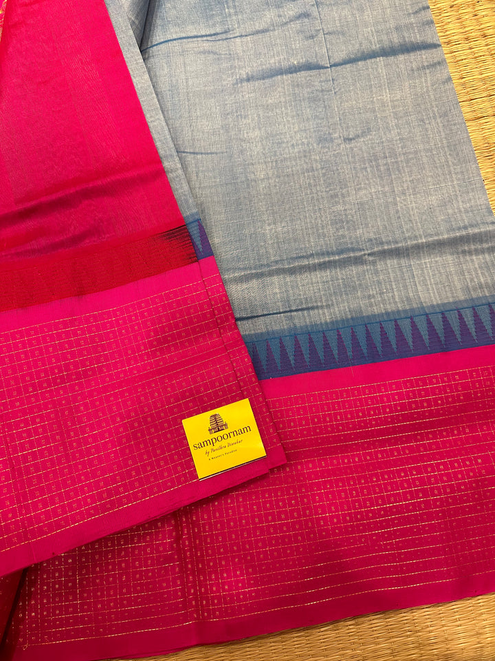 Steel Blue with Pink One Side Big lakshadeepam Border and Rich Pallu Korvai Silk Cotton Saree