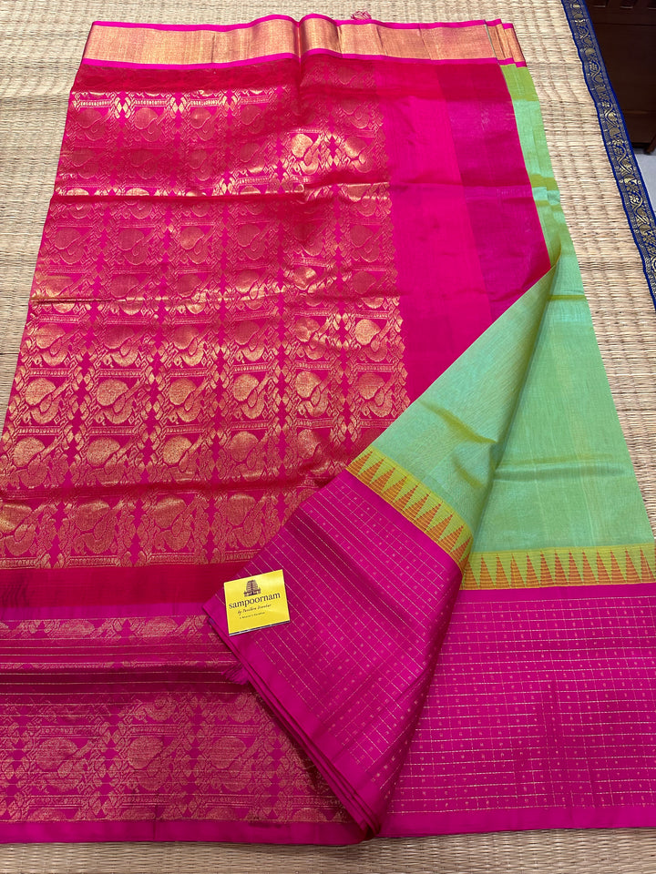 Light Rexona Green with Pink One side Big Lakshadeepam Border Korvai Silk Cotton Saree