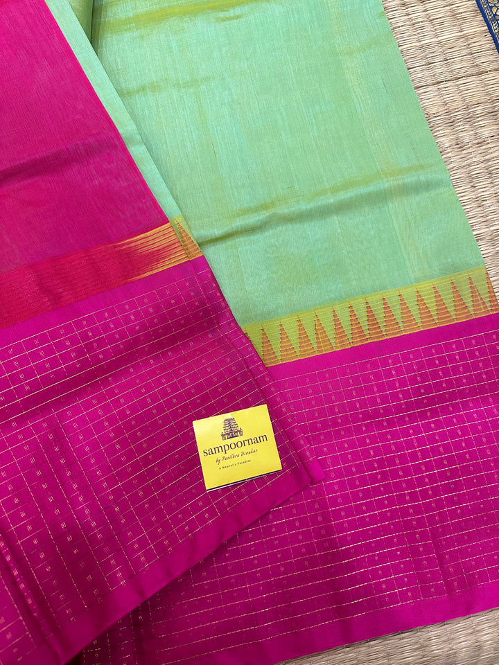 Light Rexona Green with Pink One side Big Lakshadeepam Border Korvai Silk Cotton Saree