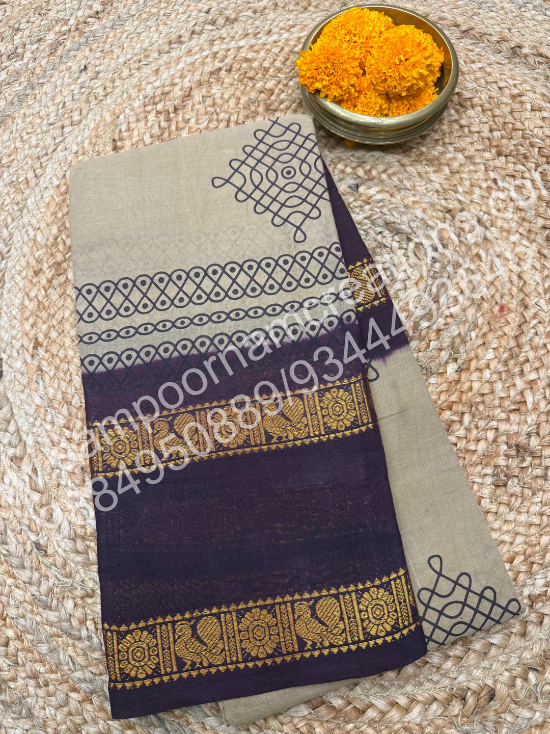 Grey with Wine , Kolam Handblock Printed Madurai Sungudi Cotton Saree