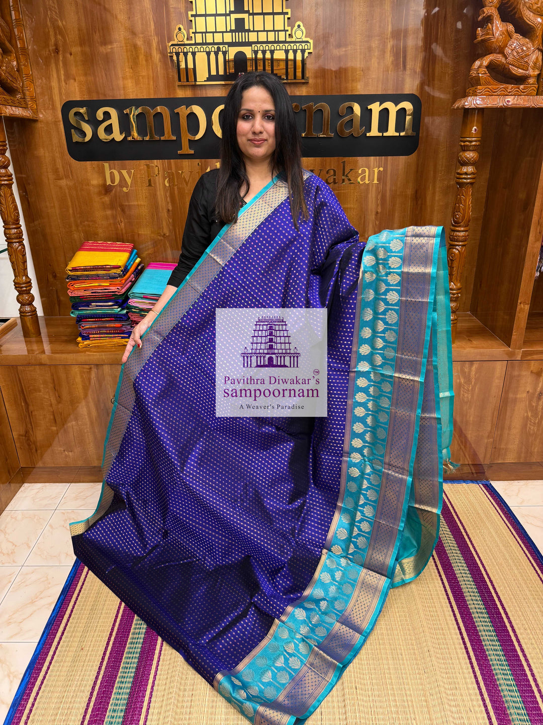 Sam Butta MS Blue with Turquoise Blue , Zari butta in the body , one side big Sa ...