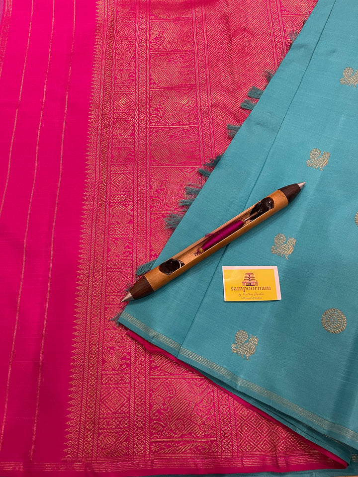 Copper Sulphate Blue with Pink Mayil Chakram Zari Body Butta , rich Pallu - Borderless Kanjivaram Pure Silk Saree