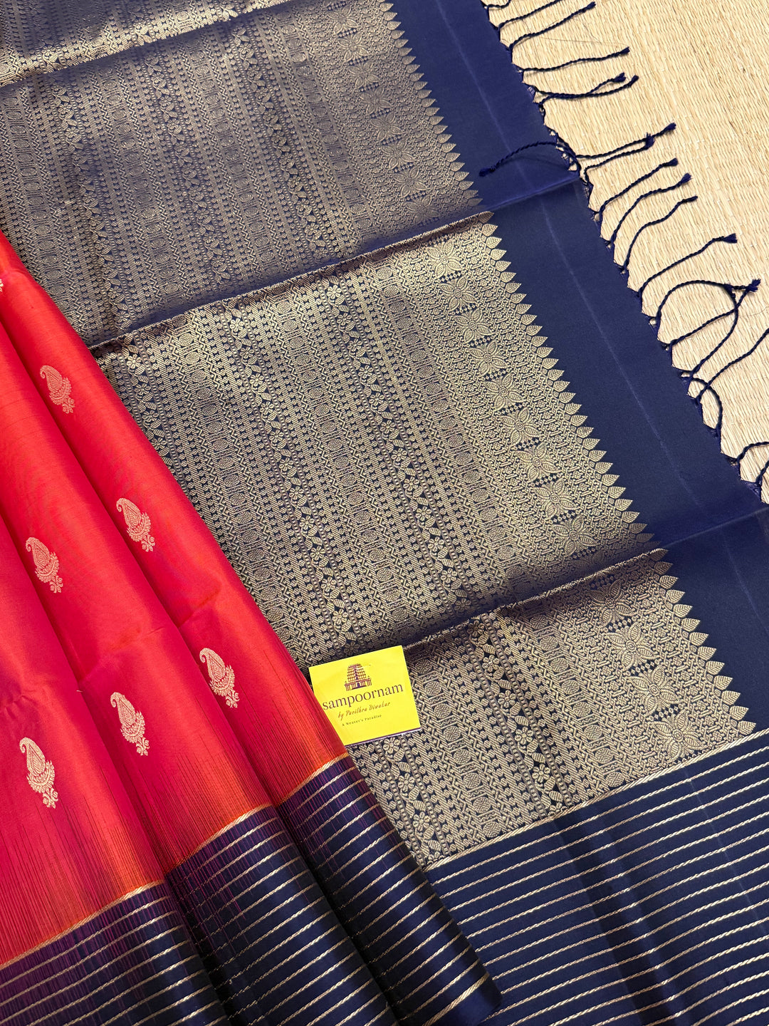 Deep Red With Dark Blue,vairaoosi lines in the borders, rich mango zari butta in the body and grand Pallu Pure Soft Silk Saree