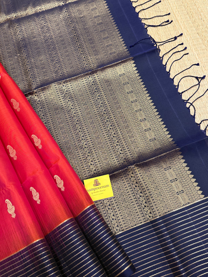 Deep Red With Dark Blue,vairaoosi lines in the borders, rich mango zari butta in the body and grand Pallu Pure Soft Silk Saree