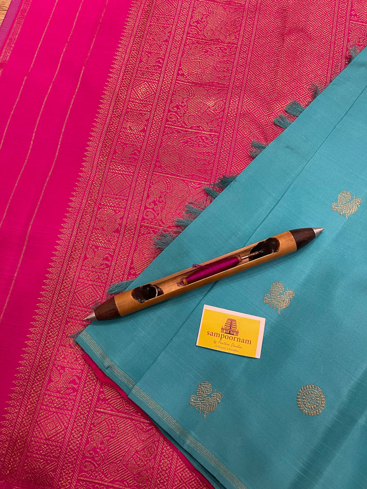 Copper Sulphate Blue with Pink Mayil Chakram Zari Body Butta , rich Pallu - Borderless Kanjivaram Pure Silk Saree