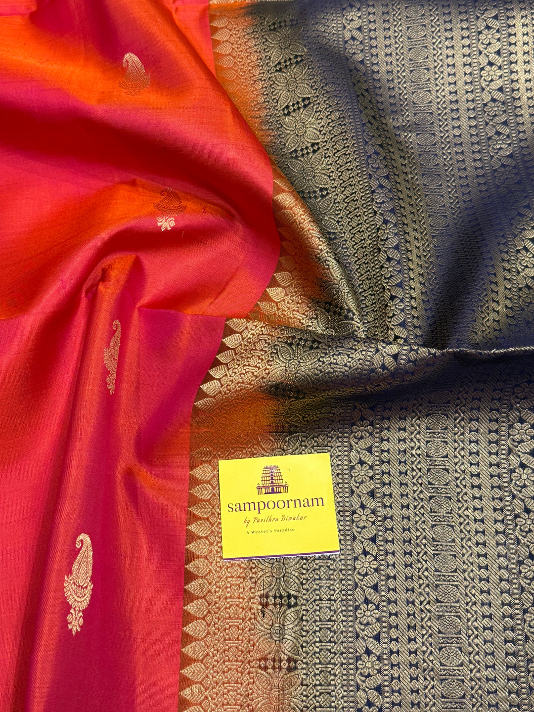 Deep Red With Dark Blue,vairaoosi lines in the borders, rich mango zari butta in the body and grand Pallu Pure Soft Silk Saree
