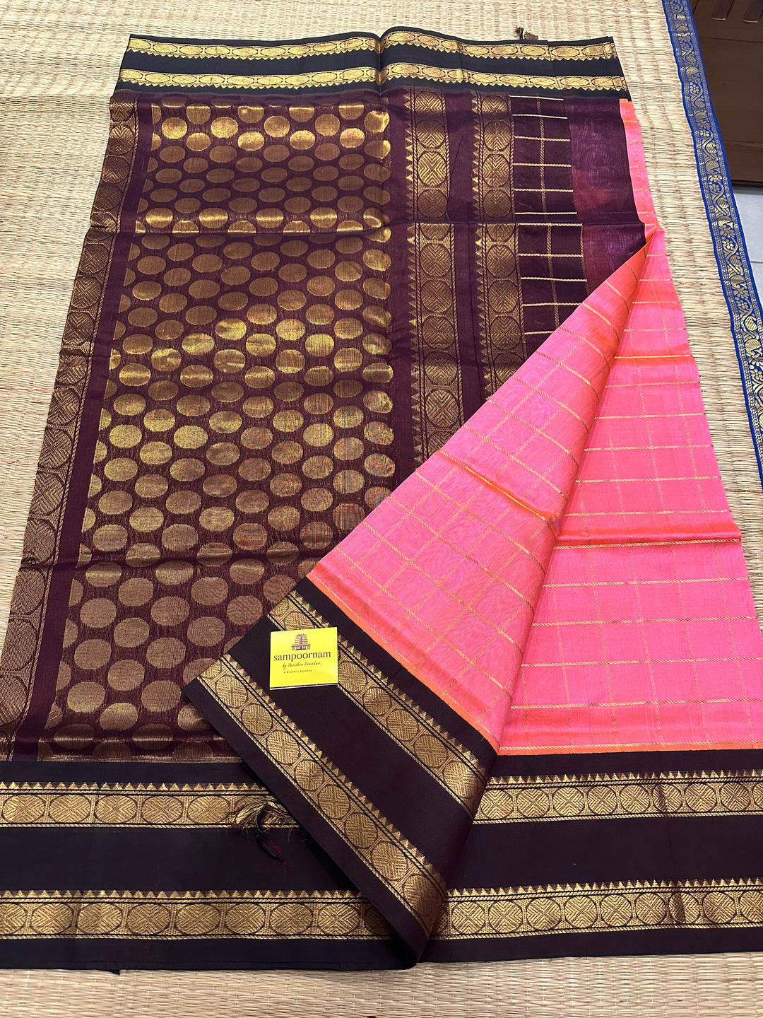 Baby Pink with Brown Rettapet Border With Big Zari Checks in the Body , Rich Pallu Korvai Silk Cotton Saree