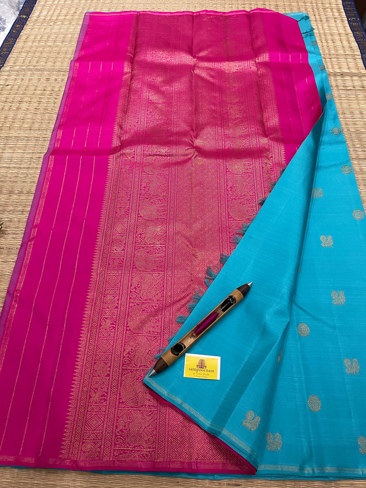 Copper Sulphate Blue with Pink Mayil Chakram Zari Body Butta , rich Pallu - Borderless Kanjivaram Pure Silk Saree