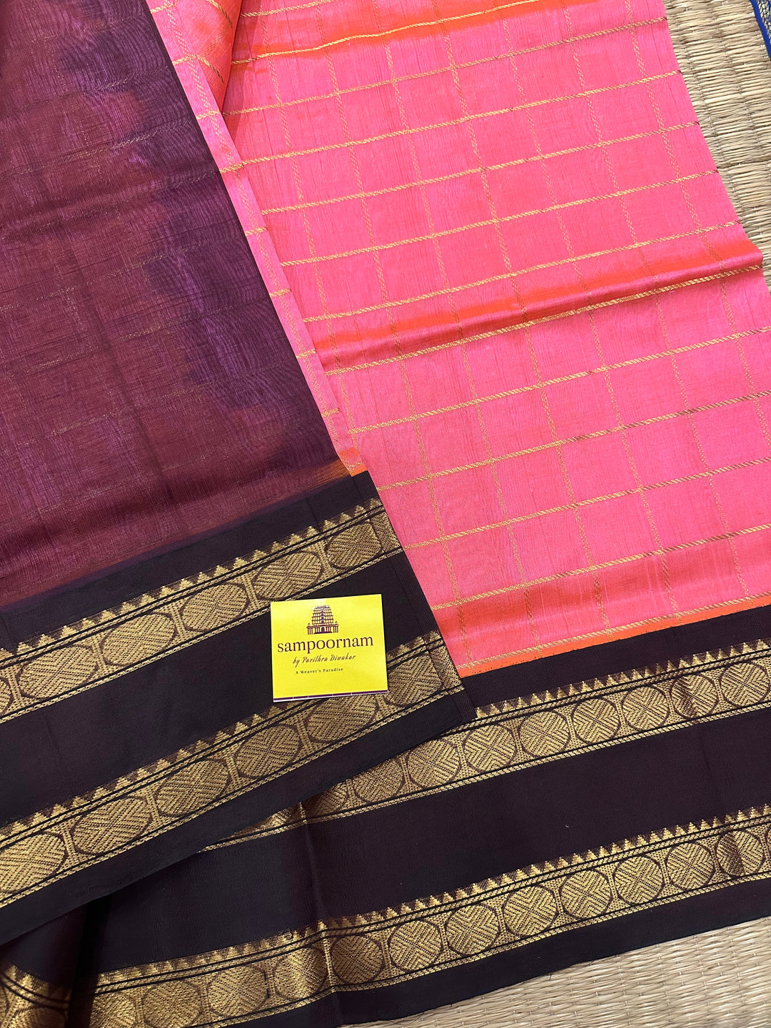 Baby Pink with Brown Rettapet Border With Big Zari Checks in the Body , Rich Pallu Korvai Silk Cotton Saree