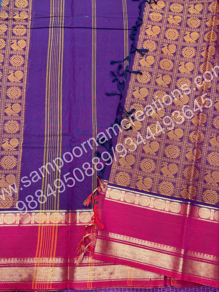 Purple with Pink , Rich Mayil and Chakram thread work in the body with Rettapet border , rich Pallu Pure Chettinad Cotton Saree