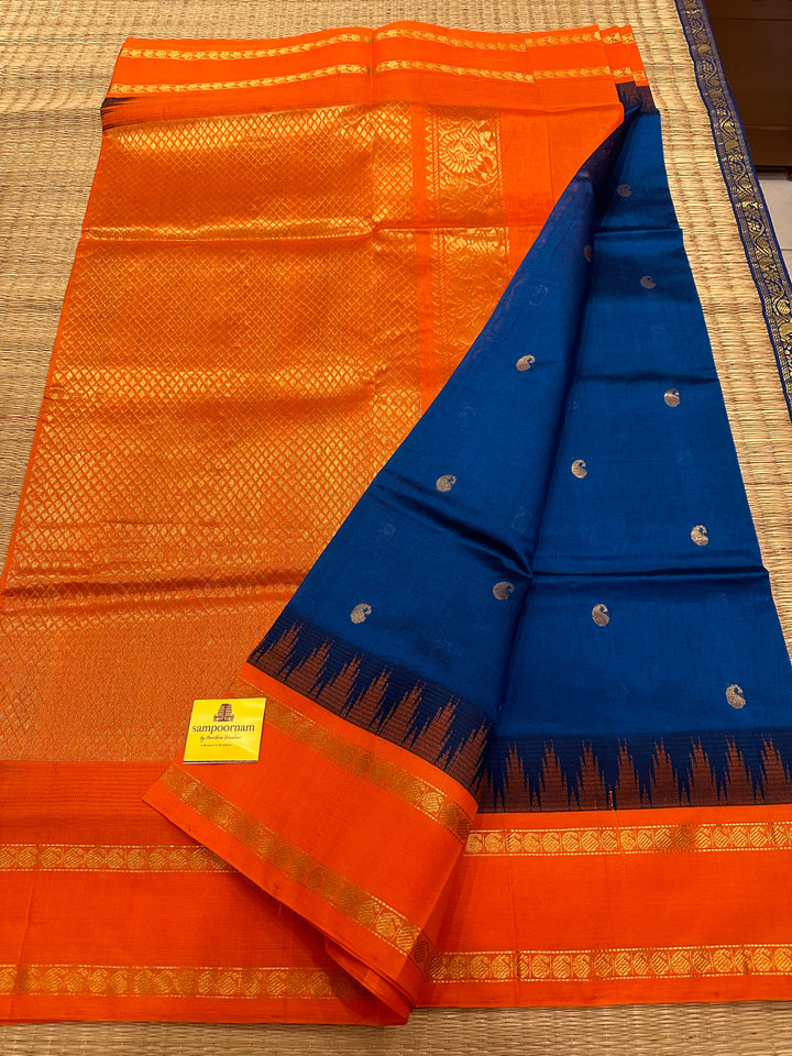 Blue with Orange Zari butta Temple Rettapet Border, Rich Pallu Korvai Silk Cotton Saree