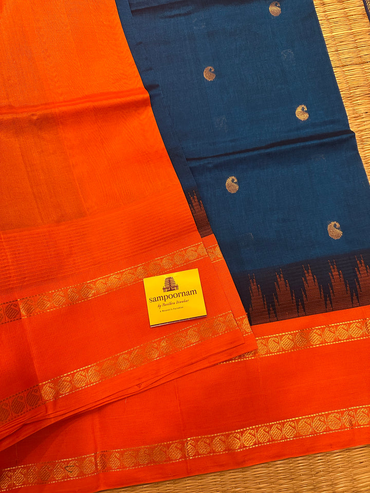 Blue with Orange Zari butta Temple Rettapet Border, Rich Pallu Korvai Silk Cotton Saree