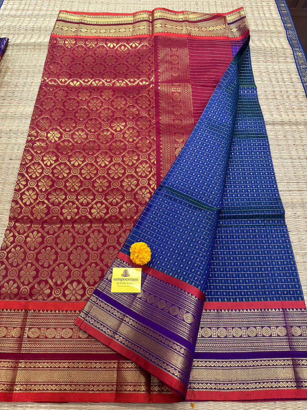 Blue with Red Zari Lakshadeepam Silk Cotton Saree