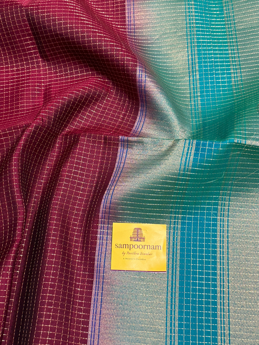 Dark Jamun  With Turquoise Blue ,rich zari podi kattam in the body,traditional rettapet borders and rich Pallu Pure Soft Silk Saree