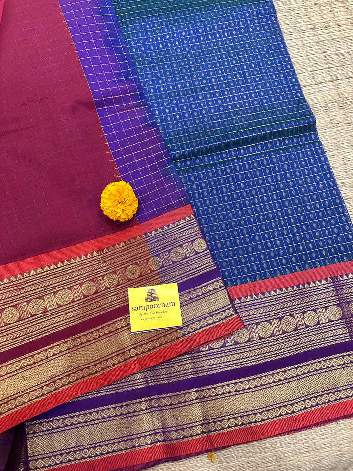 Blue with Red Zari Lakshadeepam Silk Cotton Saree