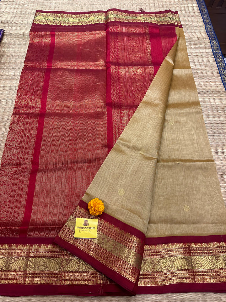 Gold colour with Red Kanchi Border -  RIch Zari butta and Grand Pallu Korvai Silk Cotton Saree