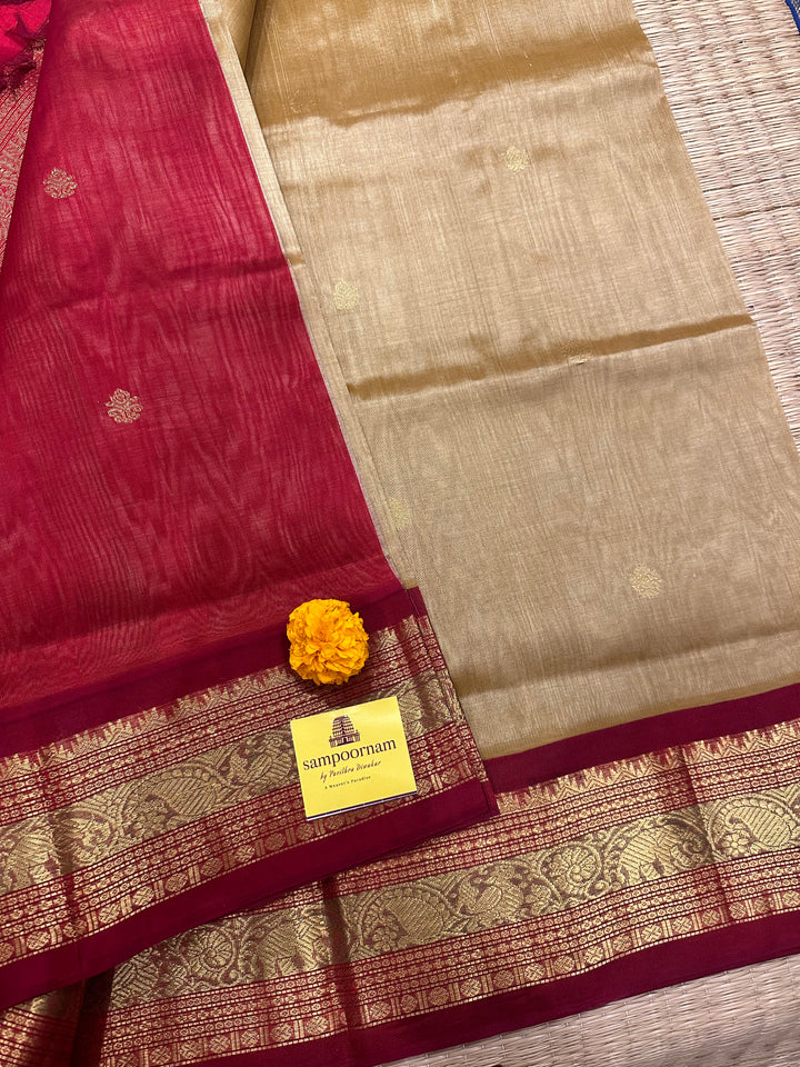 Gold colour with Red Kanchi Border -  RIch Zari butta and Grand Pallu Korvai Silk Cotton Saree