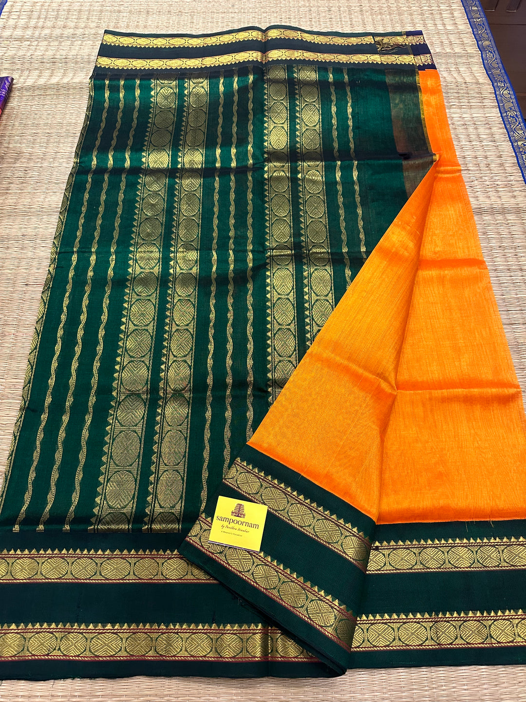 Mambazha Manjal Rettapet Ganga Jamuna Border Green and Blue, Rich Pallu Korvai Silk Cotton Saree