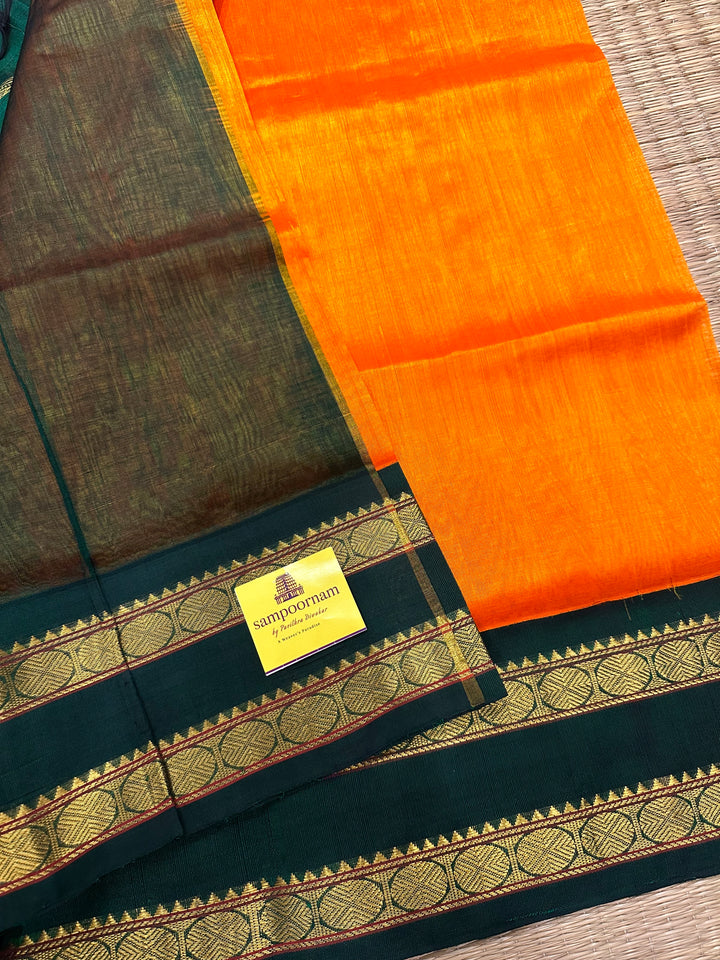 Mambazha Manjal Rettapet Ganga Jamuna Border Green and Blue, Rich Pallu Korvai Silk Cotton Saree