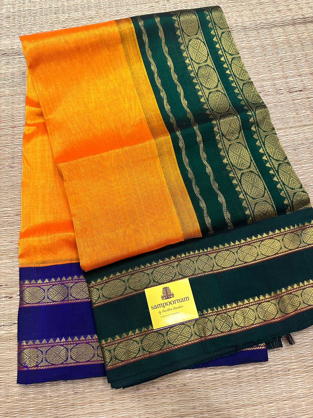 Mambazha Manjal Rettapet Ganga Jamuna Border Green and Blue, Rich Pallu Korvai Silk Cotton Saree