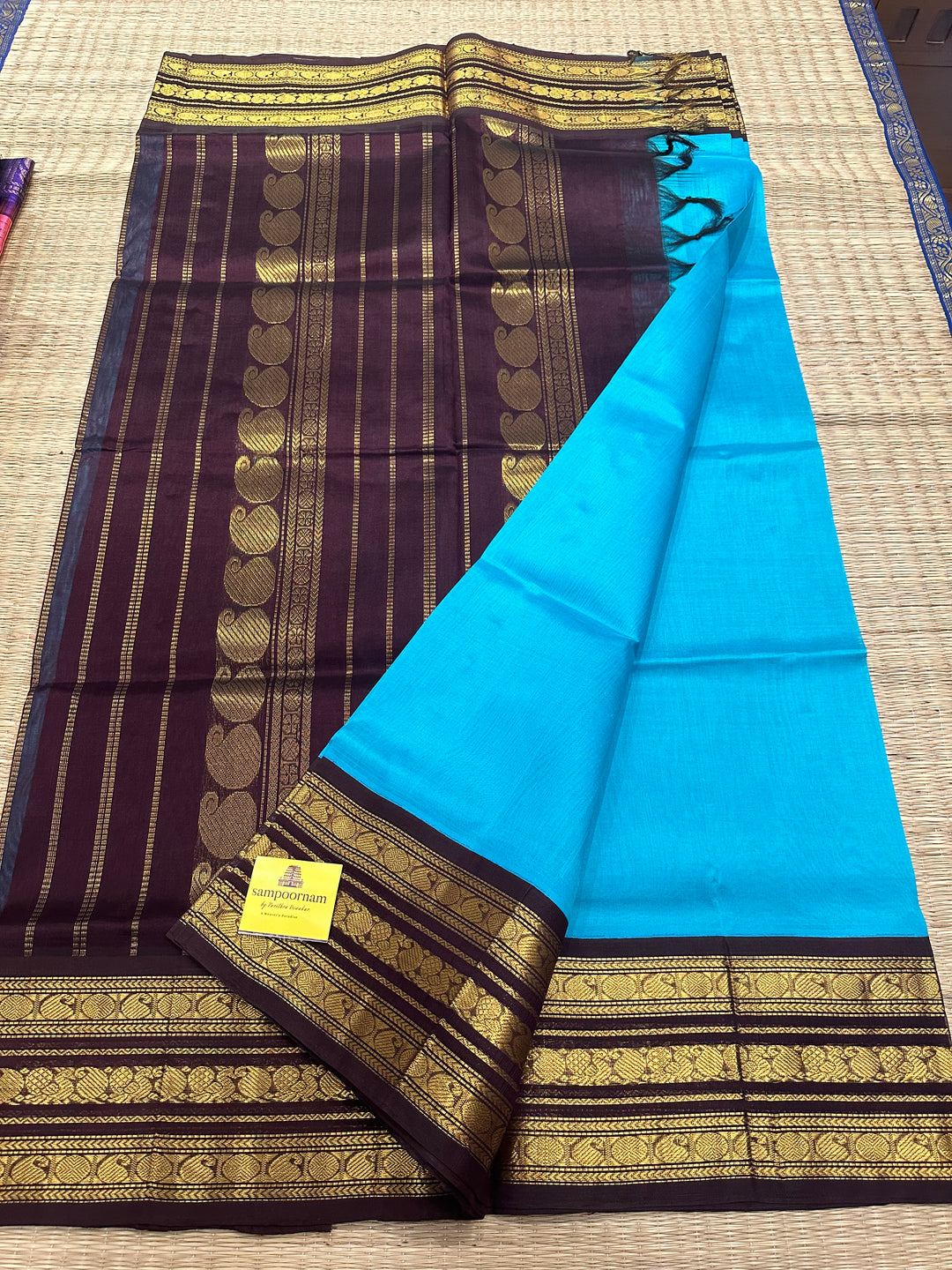 Blue with Brown Rich Kanchi Triple Border and Grand Pallu Korvai SIlk Cotton Saree