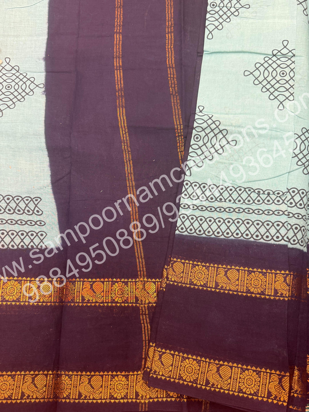 Blue with Dark Blue , Kolam Handblock Printed Madurai Sungudi Cotton Saree