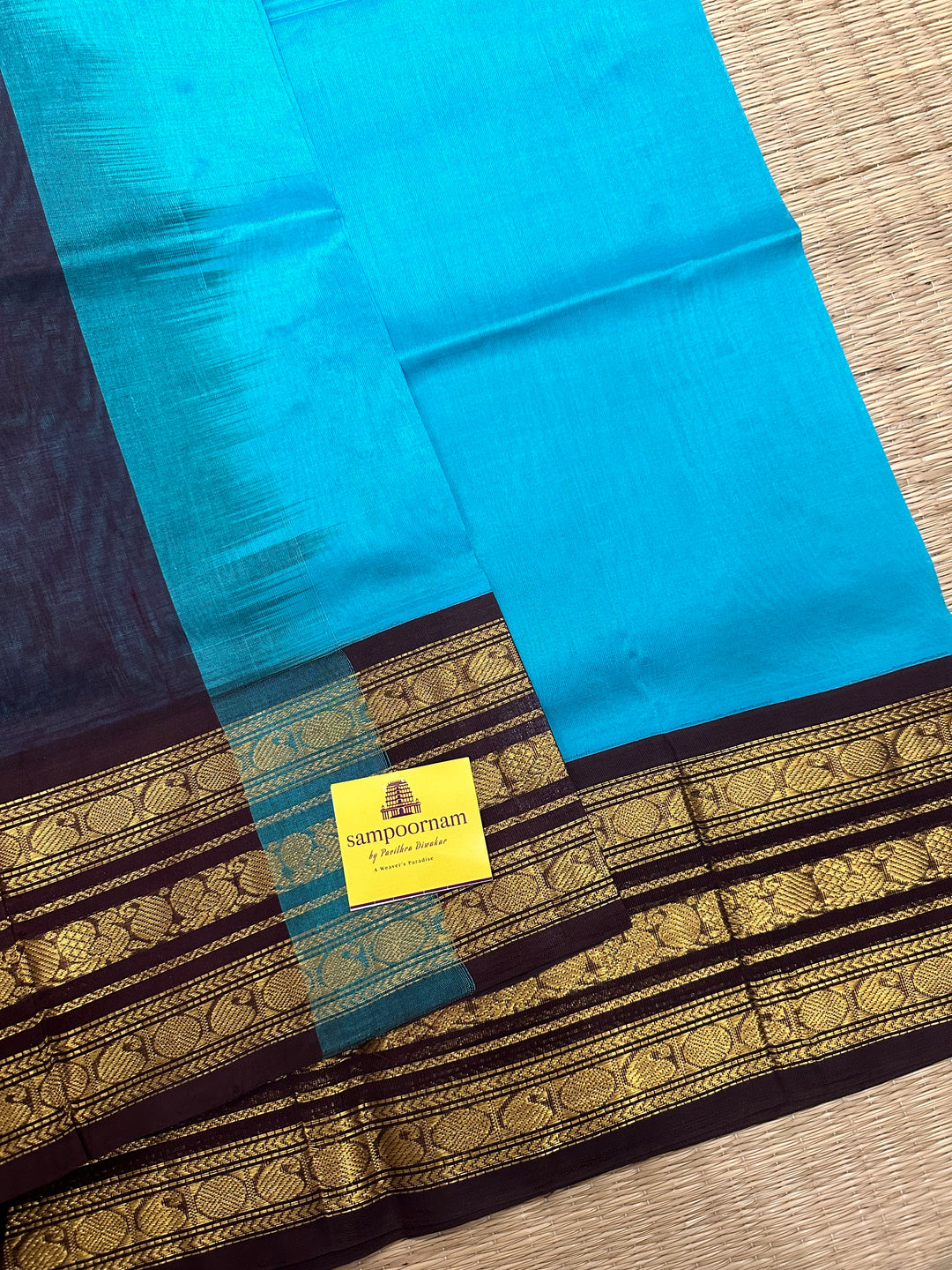 Blue with Brown Rich Kanchi Triple Border and Grand Pallu Korvai SIlk Cotton Saree