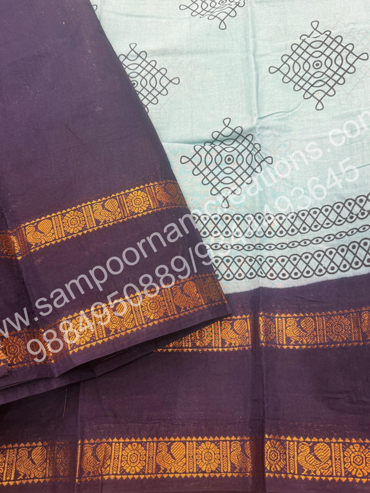 Blue with Dark Blue , Kolam Handblock Printed Madurai Sungudi Cotton Saree