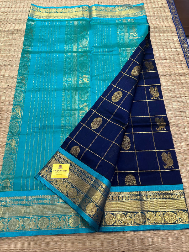 Dark Blue with Blue Mayil Chakram Silk Cotton Saree