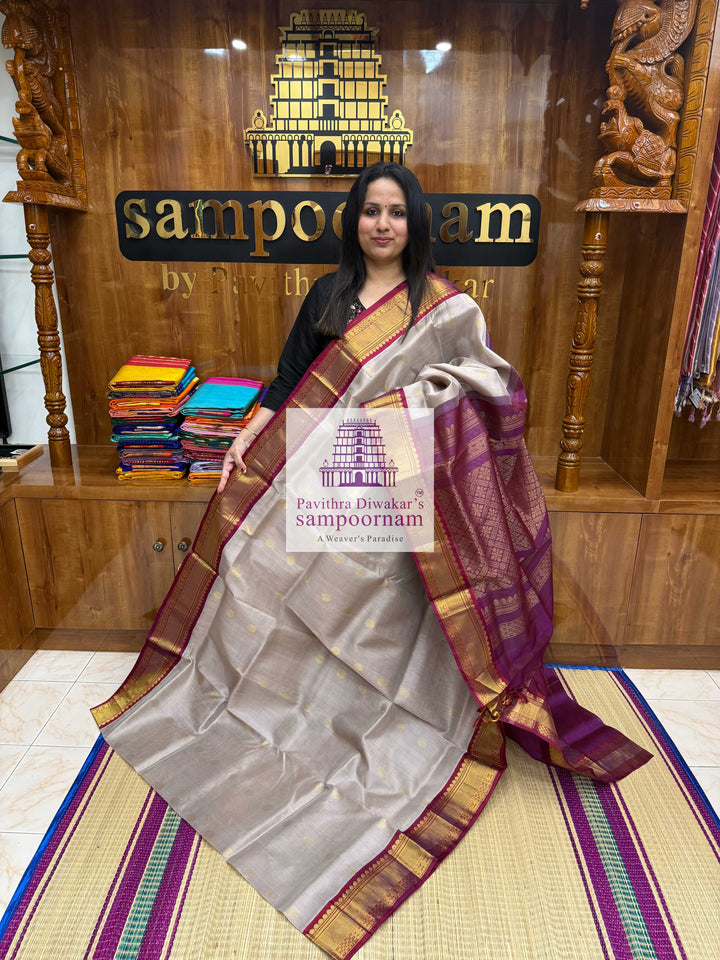 Grey with Magenta , Rich Zari butta and Silk border , Grand Pallu Korvai Silk Cotton Saree