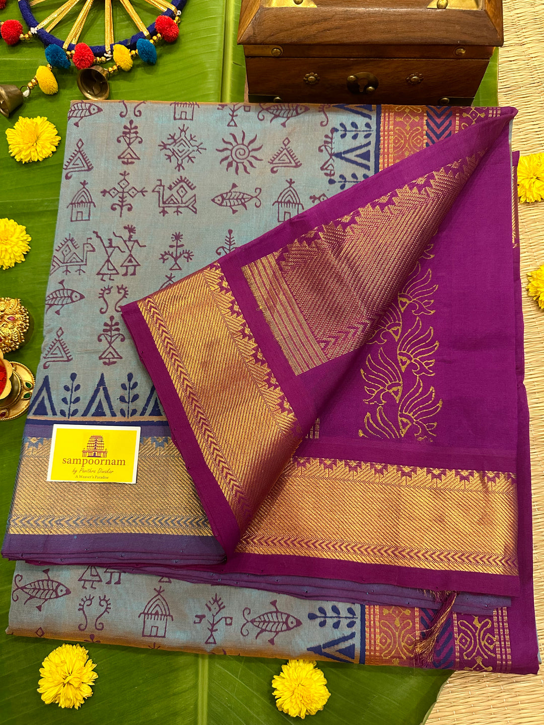 Bluish Grey with Purple Warli Handblock Printed Silk Cotton Saree