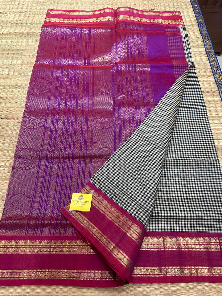 Offwhite Black & White Podi Kattam - Magenta Rettapet Border Rich pallu Korvai Silk Cotton Saree