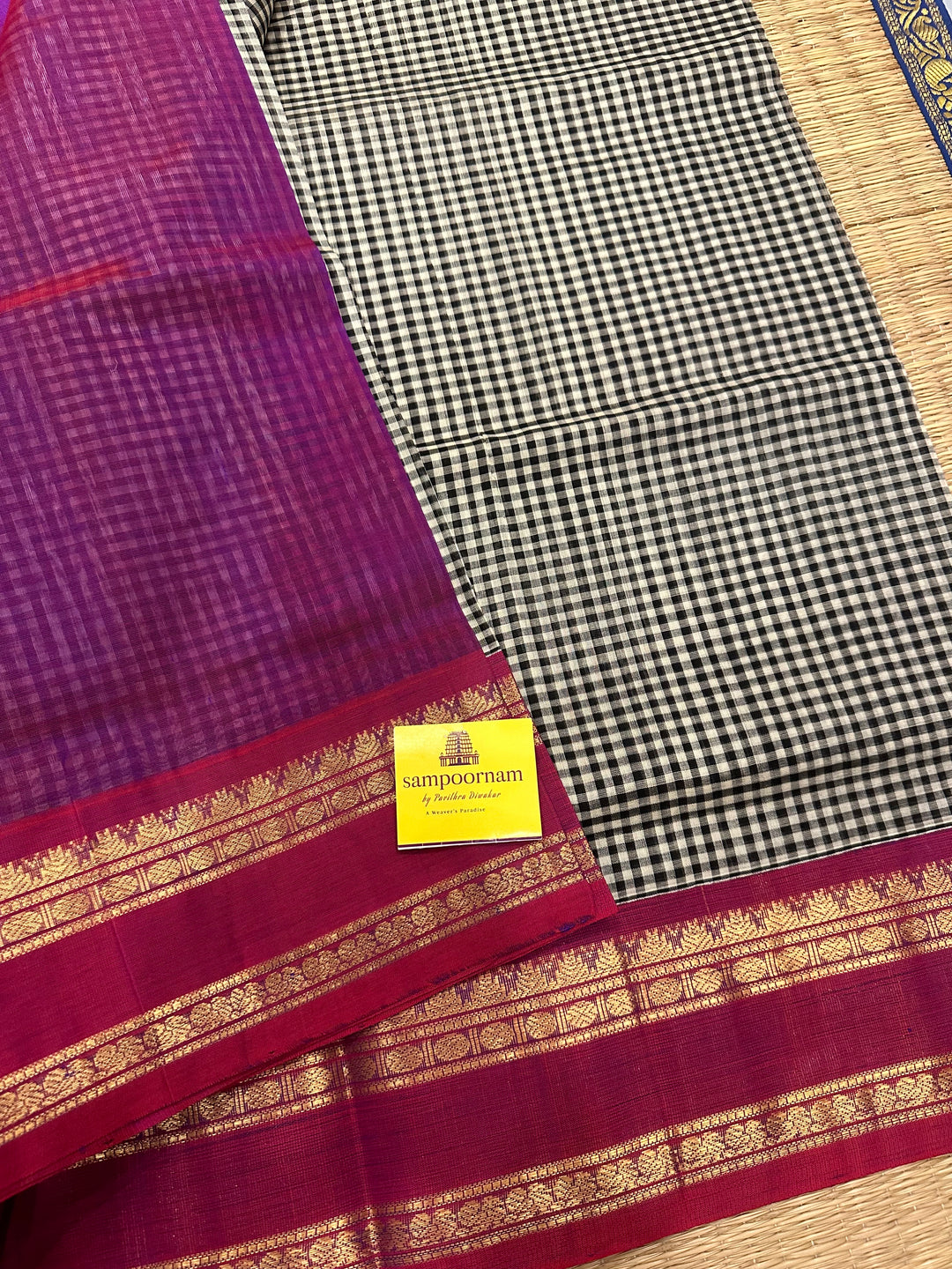 Offwhite Black & White Podi Kattam - Magenta Rettapet Border Rich pallu Korvai Silk Cotton Saree