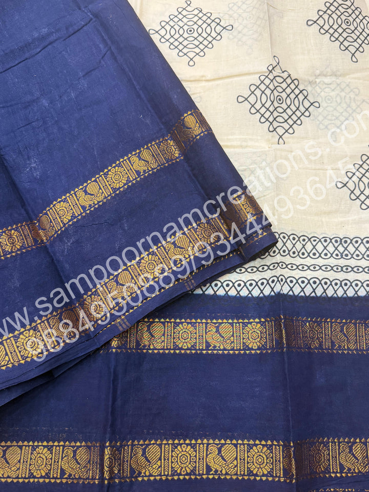 Offwhite with Dark Blue , Kolam Handblock Printed Madurai Sungudi Cotton Saree