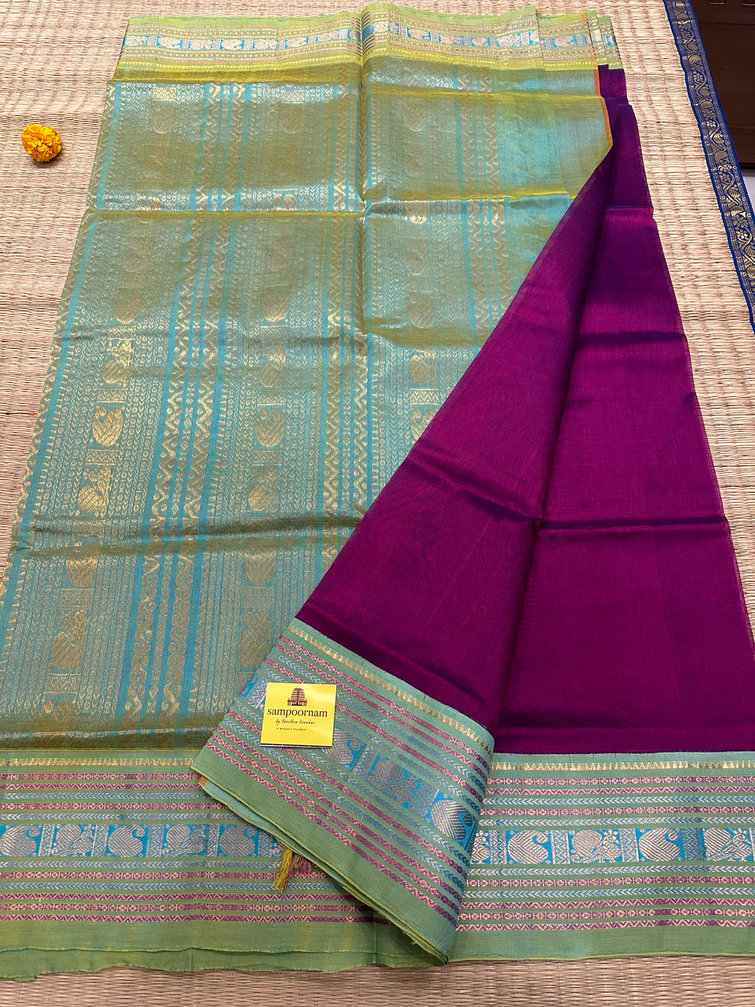 Purple with Greyish Blue One side Big Kanchi Border Korvai Silk Cotton Saree