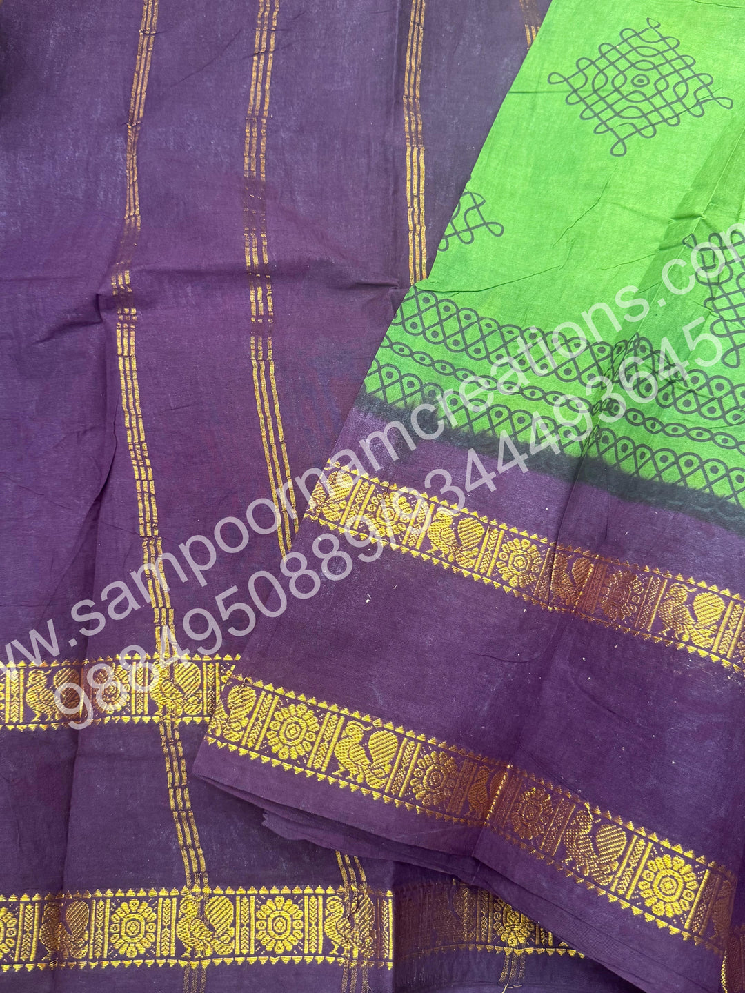 Dark Green with Wine , Kolam Handblock Printed Madurai Sungudi Cotton Saree