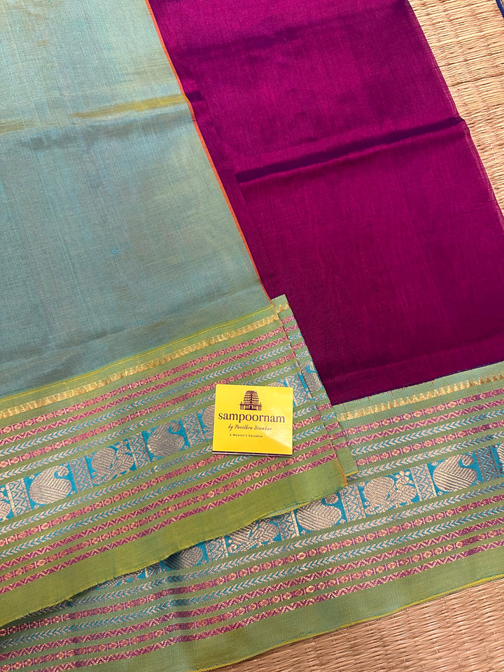 Purple with Greyish Blue One side Big Kanchi Border Korvai Silk Cotton Saree