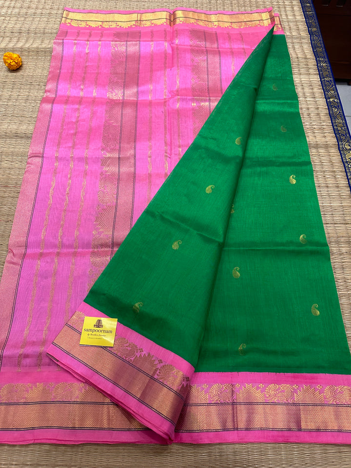 Light Green with Baby Pink RIch Body Butta and Grand Pallu Korvai SIlk Cotton Saree