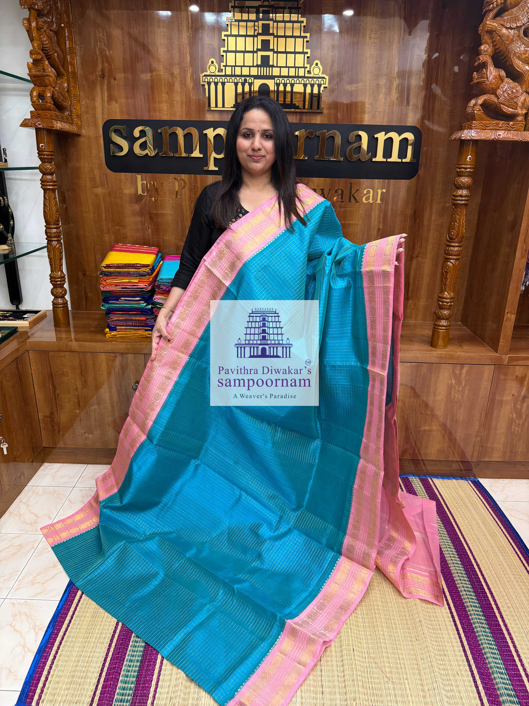 Turquoise Blue with Baby Pink , Rich Zari checks in the body and Rettapet border , Grand Pallu Korvai Silk Cotton Saree